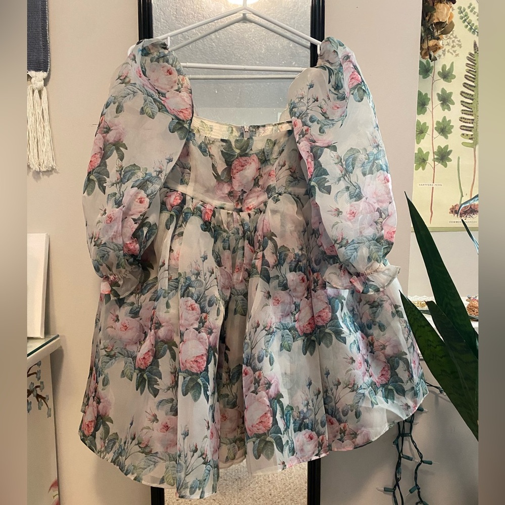 Selkie Floral Puff-Sleeve Mini Dress in White, Pink & Green
